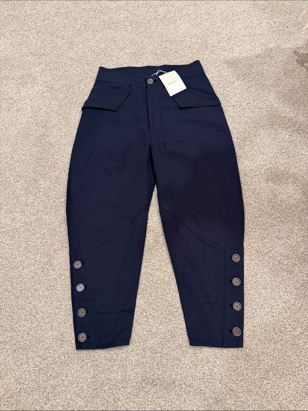 bohme Navy Cropped High-Waist Pants with Button Cuff Detail